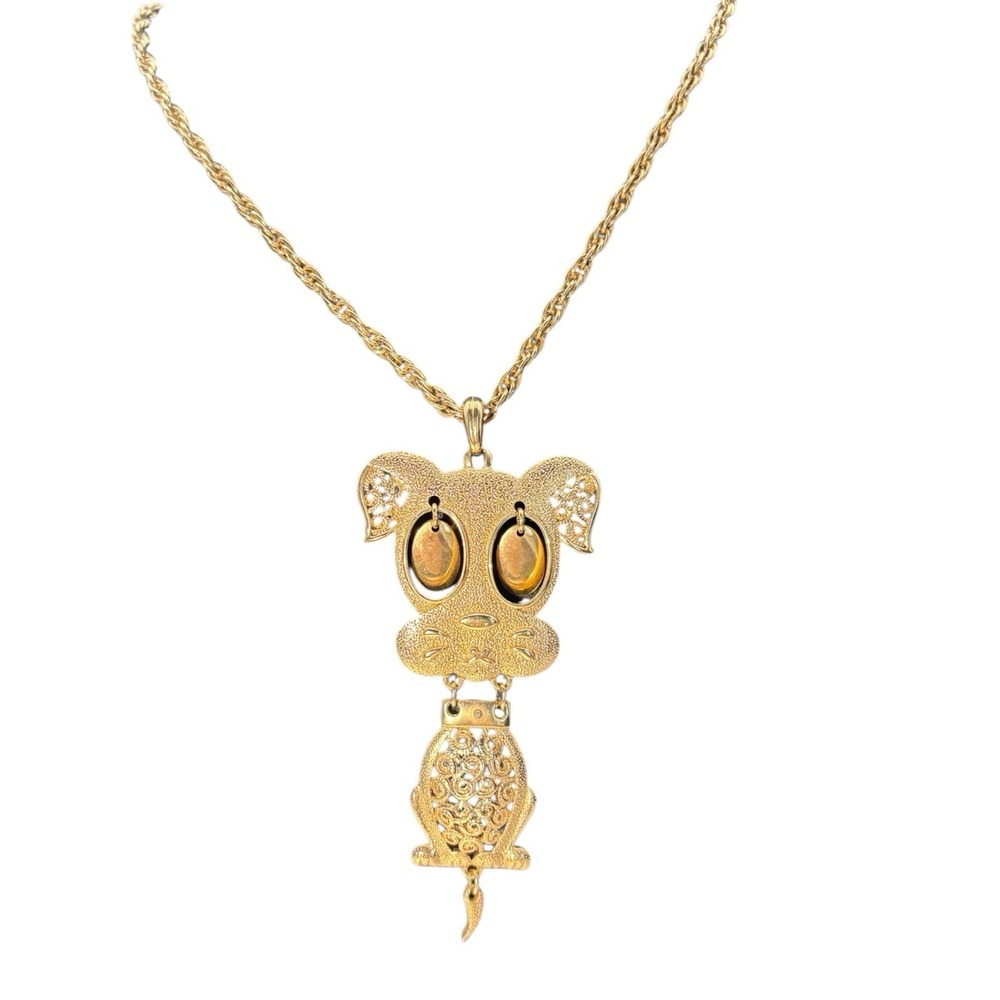 Vintage Sarah Coventry Gold Tone Cute Puppy Dog Articulated Statement Necklace